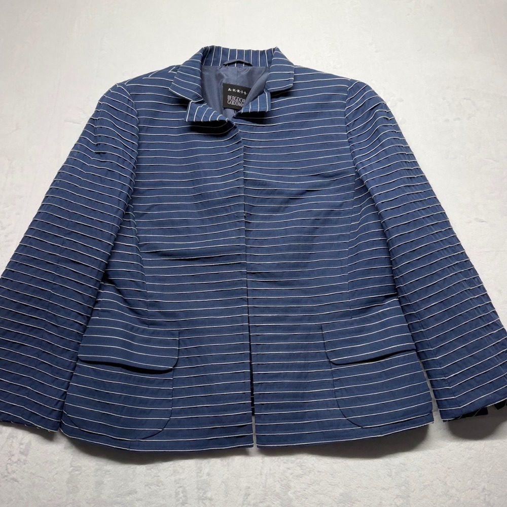Akris Bergdorf Goodman Blazer US 10 Blue Textured Stripe Silk Lined Jacket